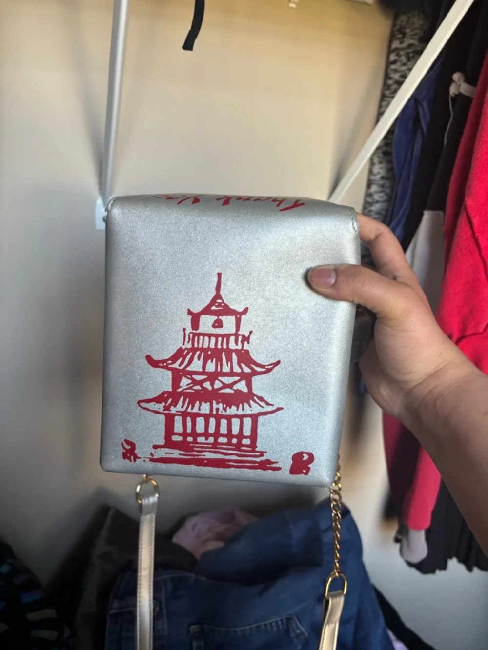 Dolls Kill Silver Mini Bag with Red Pagoda Print - Picture 1 of 4